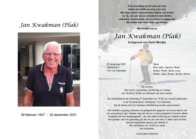 Rouwkaart Jan Kwakman (Plak)